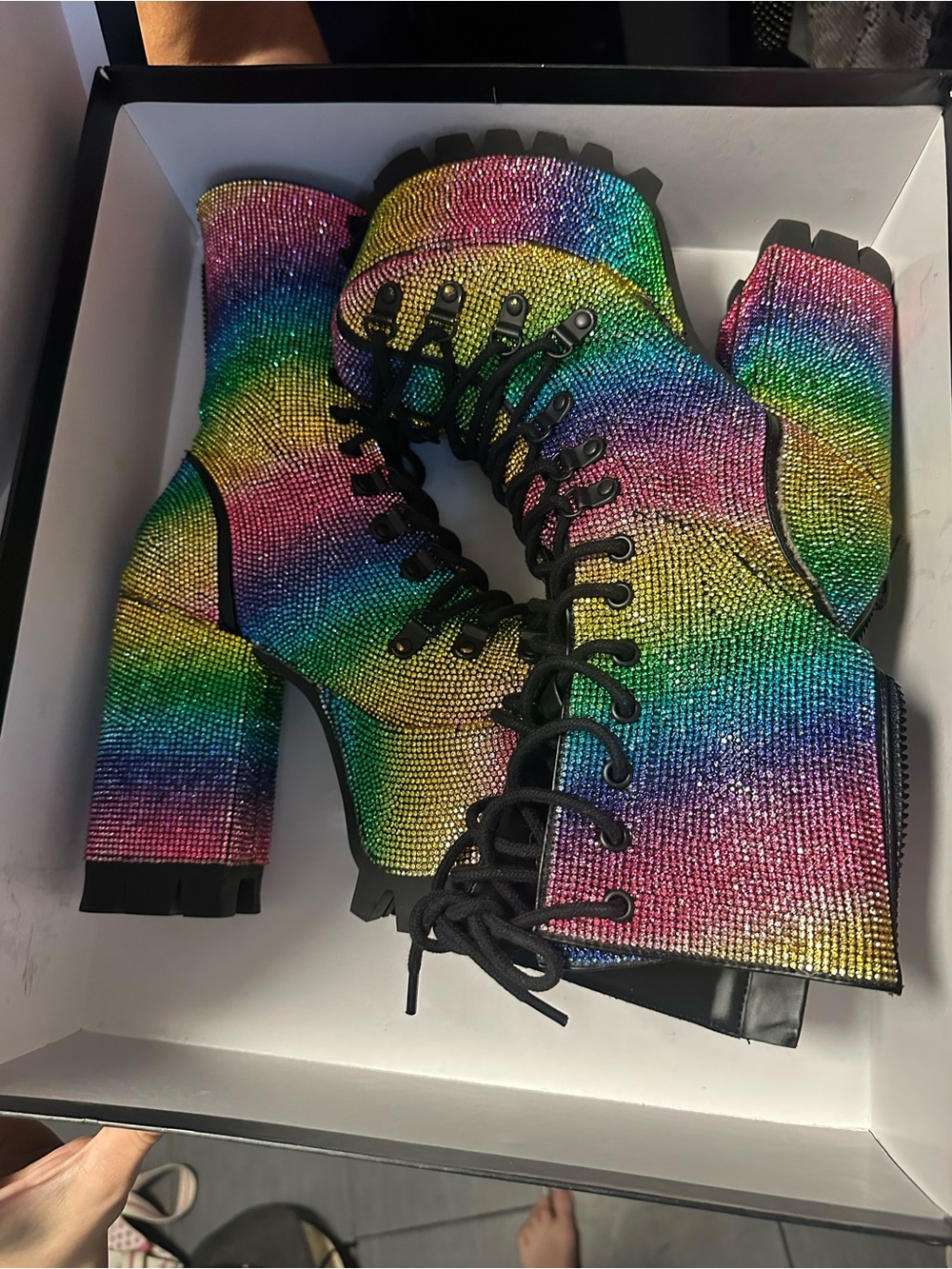 Rhinestone Rainbow Lace-Up Platform Boots - Women's